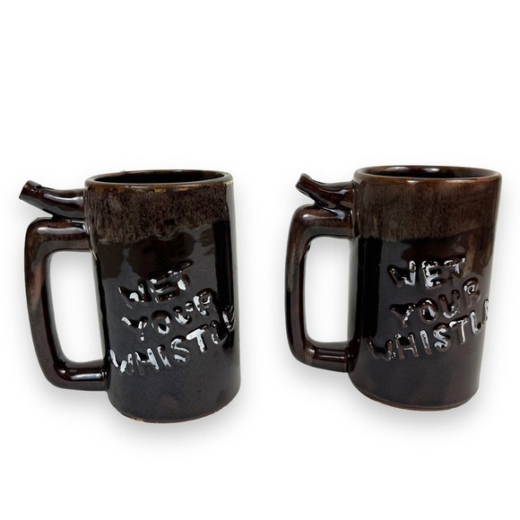 Vintage 4.75" Set of 2 "Whistle For Your Beer" "Wet Your Whistle" Mugs - Picture 8 of 10
